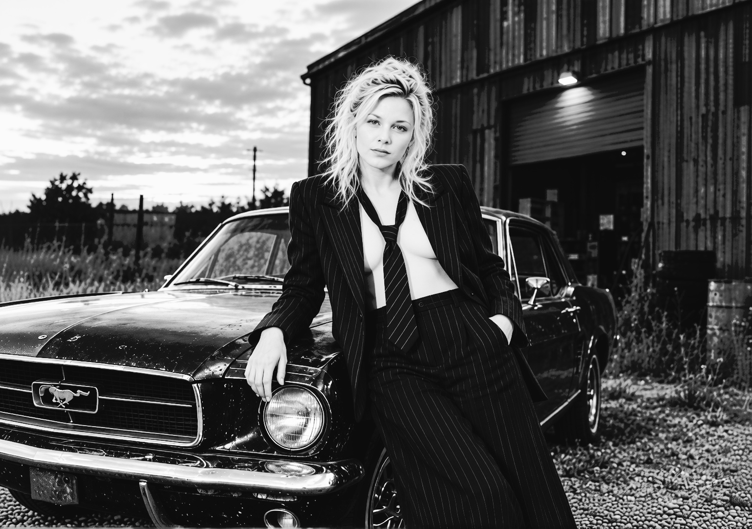 Black-and-white portrait of Clarapetra in a pinstripe suit and loose striped tie, leaning against a black vintage coupe beside a workshop.
