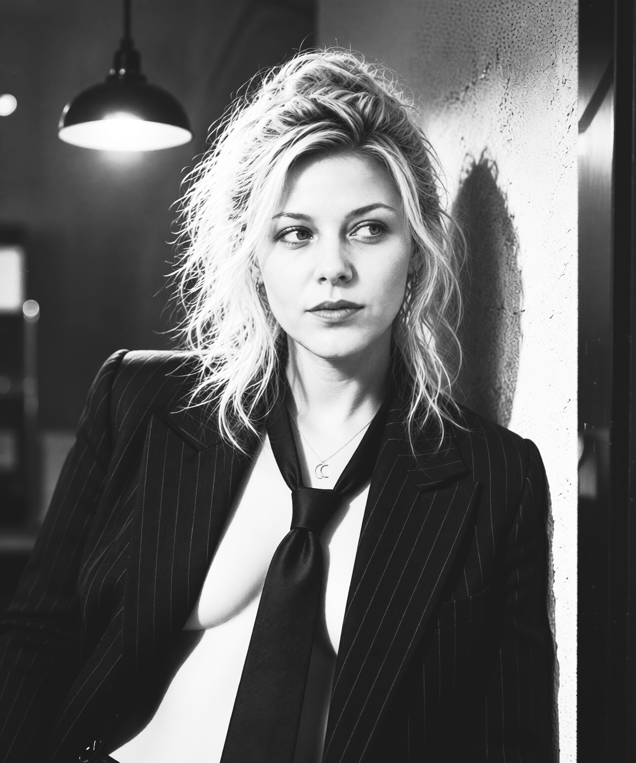 Black-and-white portrait of hatless Clarapetra beside a plaster wall and hanging lamp, with tousled blonde hair, a pinstripe blazer, loose tie and crescent necklace.