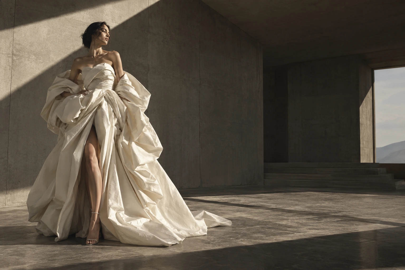 AI editorial concept: a woman in sculptural ivory couture in a sunlit concrete space