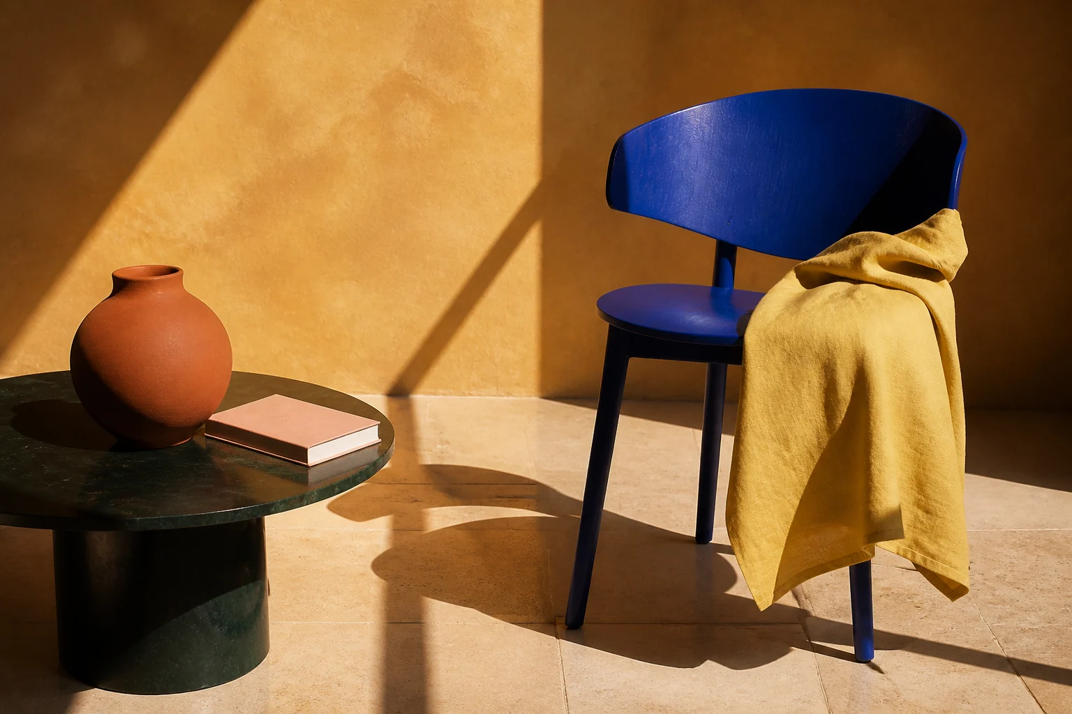 AI editorial concept: a cobalt chair, butter-yellow cloth and terracotta pottery in a sunlit architectural room.