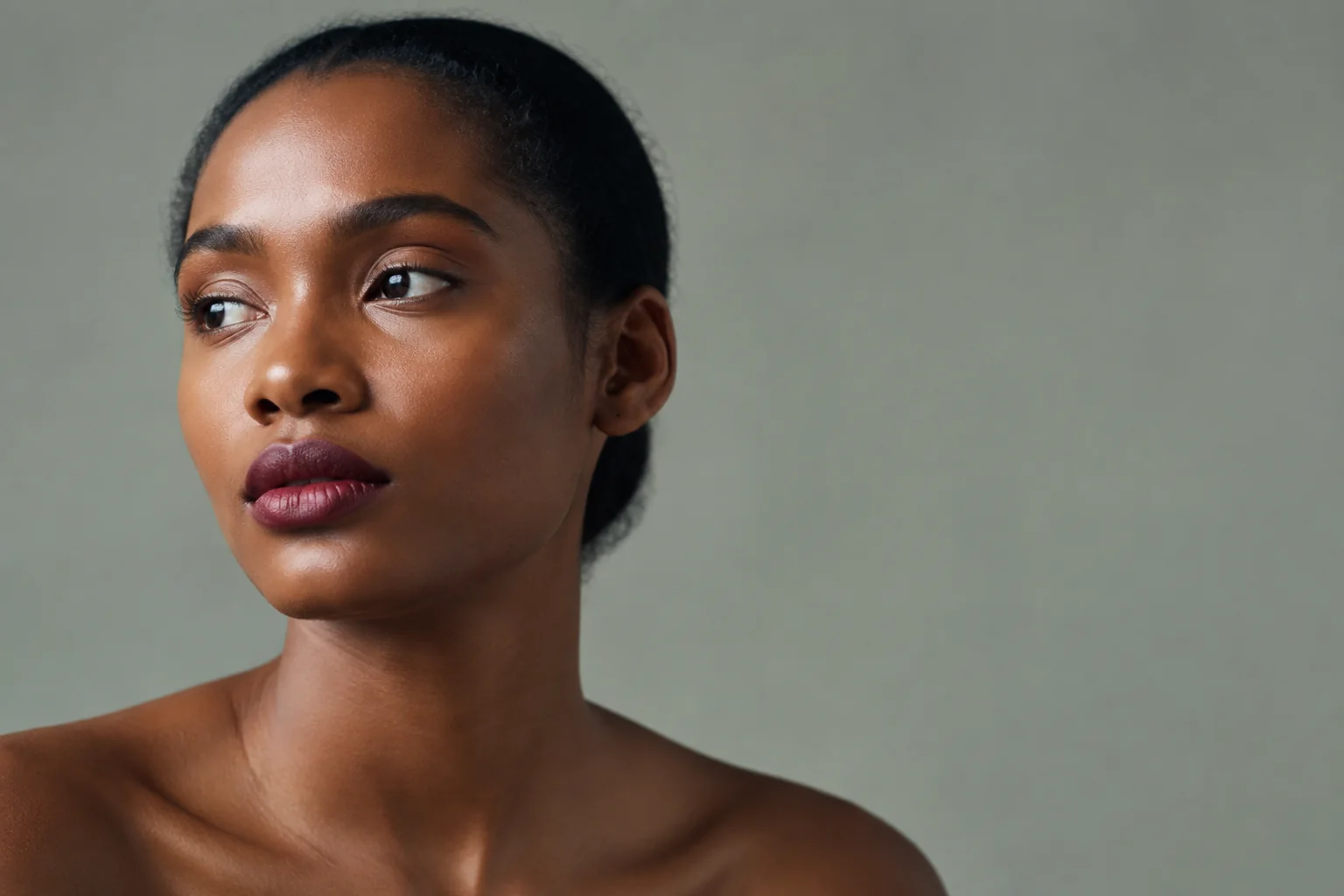 AI editorial concept: a woman with a muted berry lip against a soft gray background.