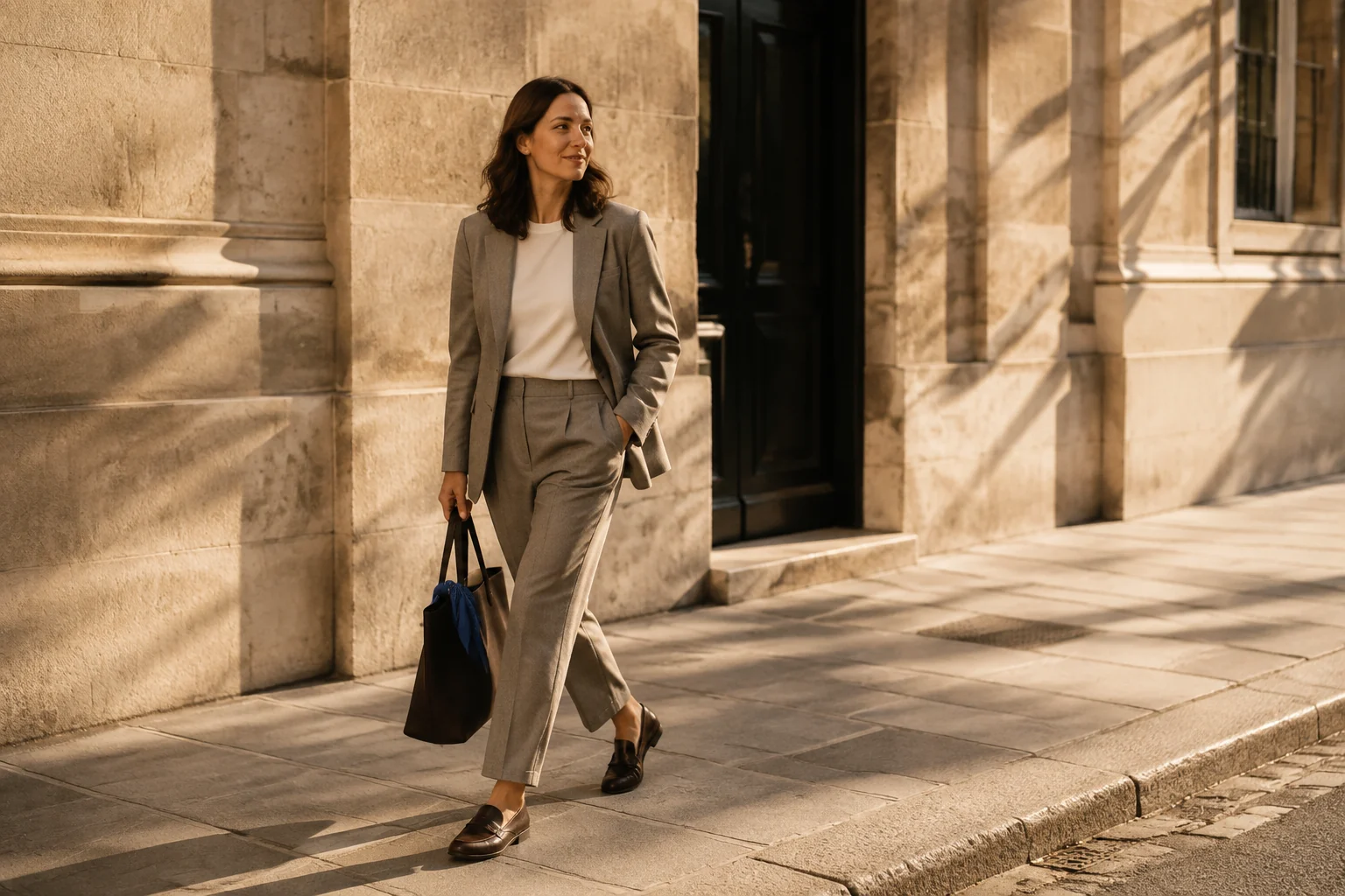 AI editorial concept: an adult woman in relaxed tailoring and practical flats walking along a sunlit city sidewalk.