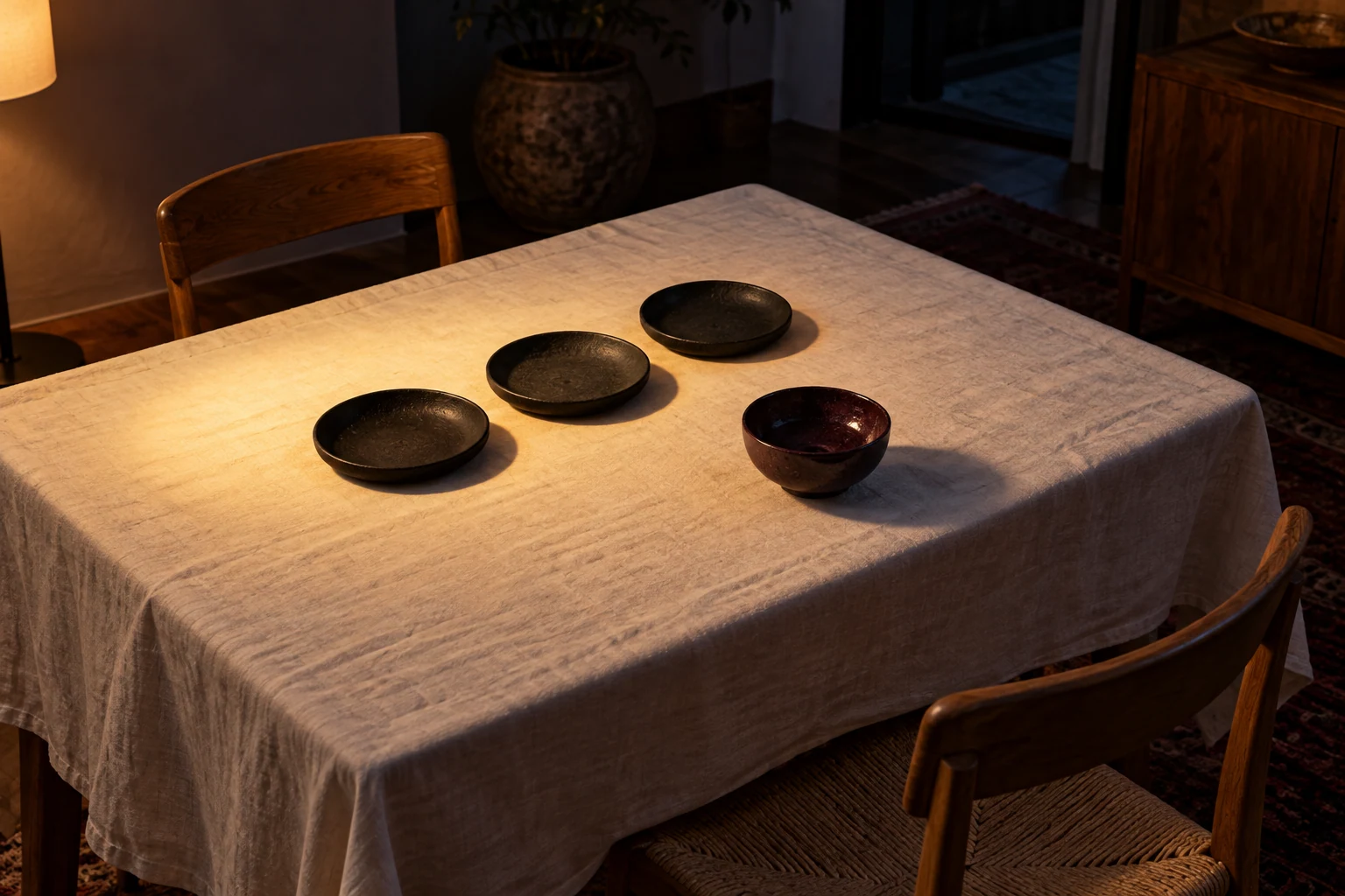 AI editorial concept: three dark circular dishes and one offset plum bowl sit on an ivory linen-covered table between wooden chairs in warm evening light.