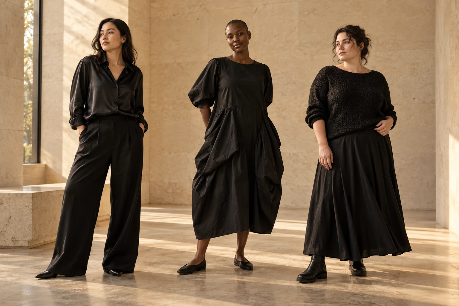 AI editorial concept: three adults wear a black silk shirt with wide trousers, a sculptural cotton dress, and a textured knit with a long skirt in a pale stone gallery.