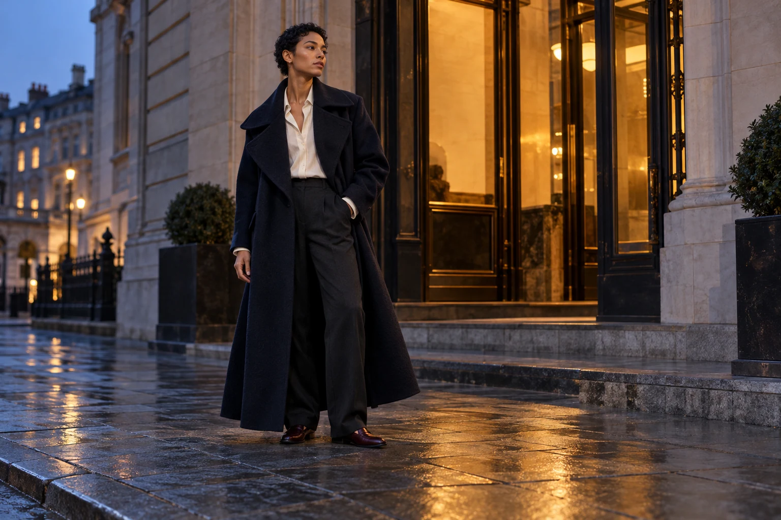 AI editorial concept: an adult in a long ink-blue coat, ivory shirt, dark trousers and oxblood flat shoes outside an amber-lit doorway at dusk.
