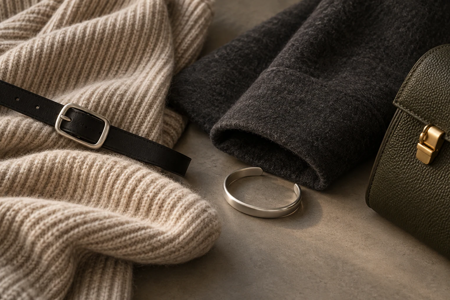 AI editorial concept: a silver buckle on a black belt across oat ribbed knit, a plain silver cuff below a charcoal wool sleeve, and a small gold clasp on an olive bag.
