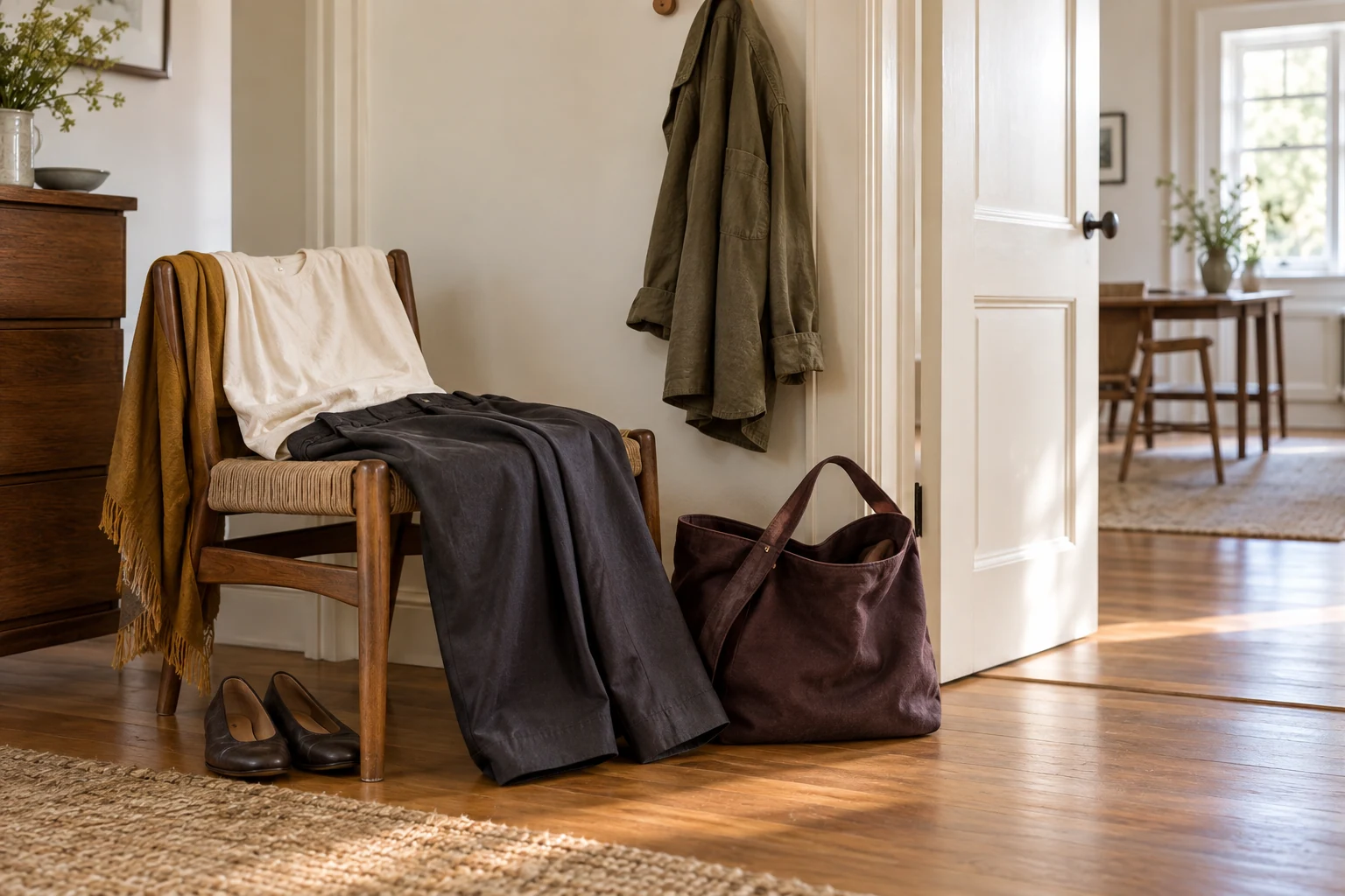 AI editorial concept: an olive overshirt hangs by a doorway above an ivory top, charcoal trousers, flat shoes and a roomy plum bag arranged around a wooden chair.