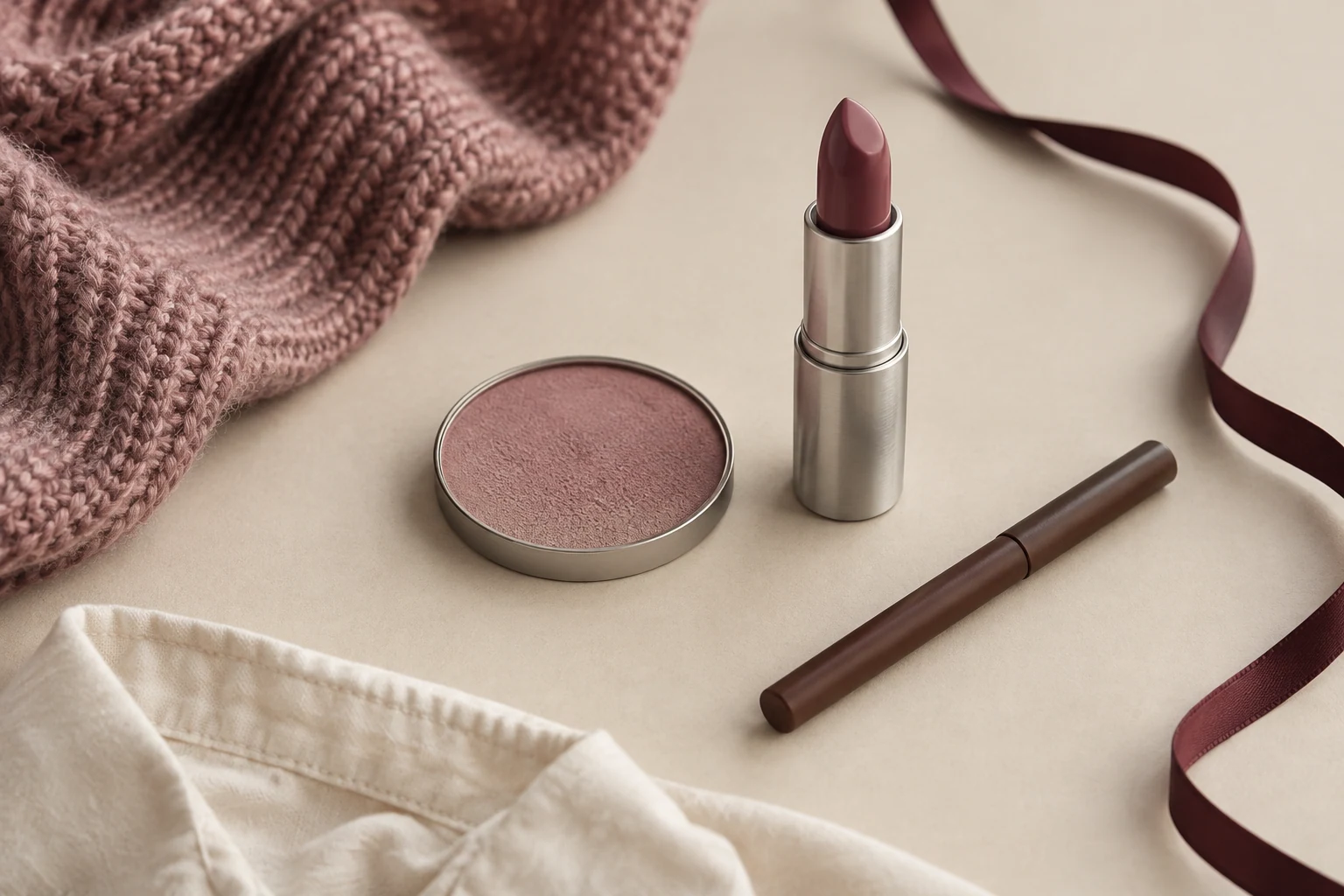 AI editorial concept: a plum lipstick in a silver tube, muted rose powder and a brown cosmetic pencil beside dusty-rose knit, cream cotton and a curving burgundy ribbon.