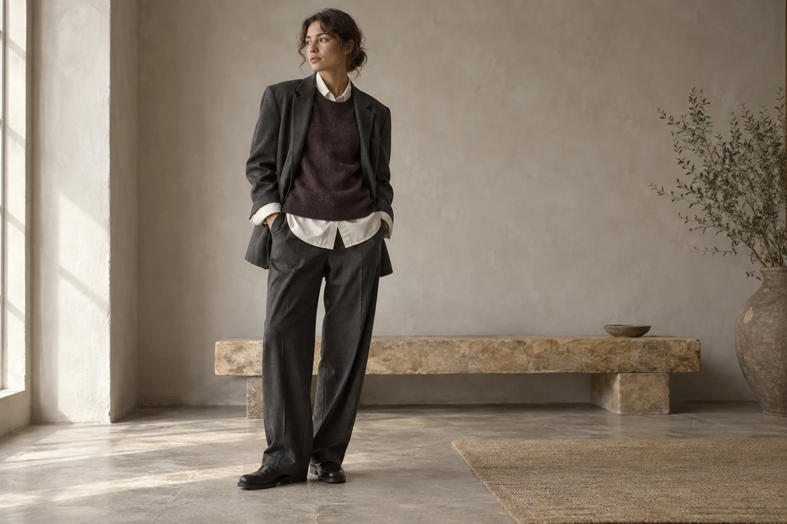 AI editorial concept: an adult model in charcoal tailoring with visible ivory cotton cuffs and shirt hem over a muted plum knit, beside a stone bench.