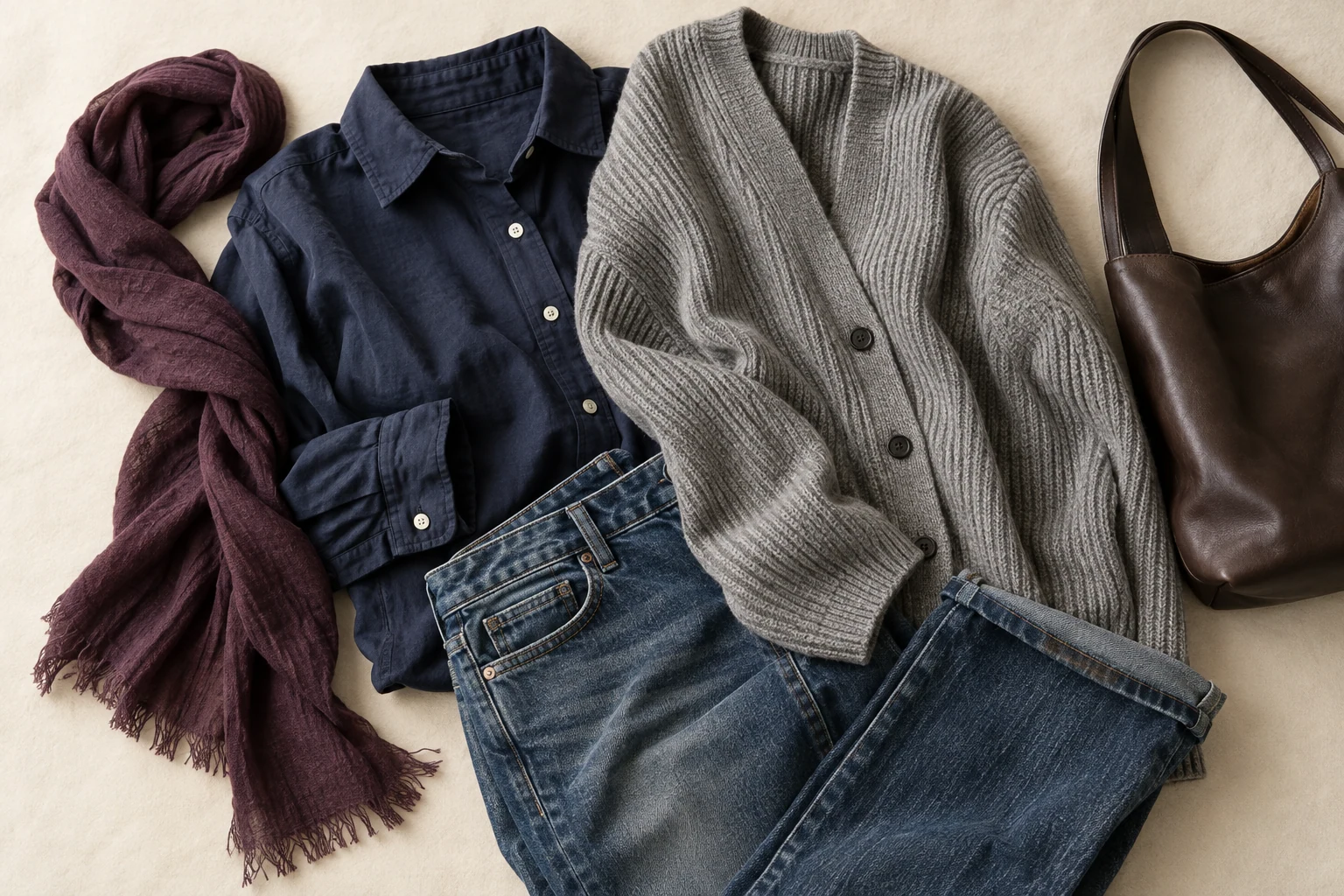 AI editorial concept: an overhead arrangement of a navy shirt, gray ribbed cardigan, faded indigo jeans, plum scarf and smooth brown bag on an ivory surface.