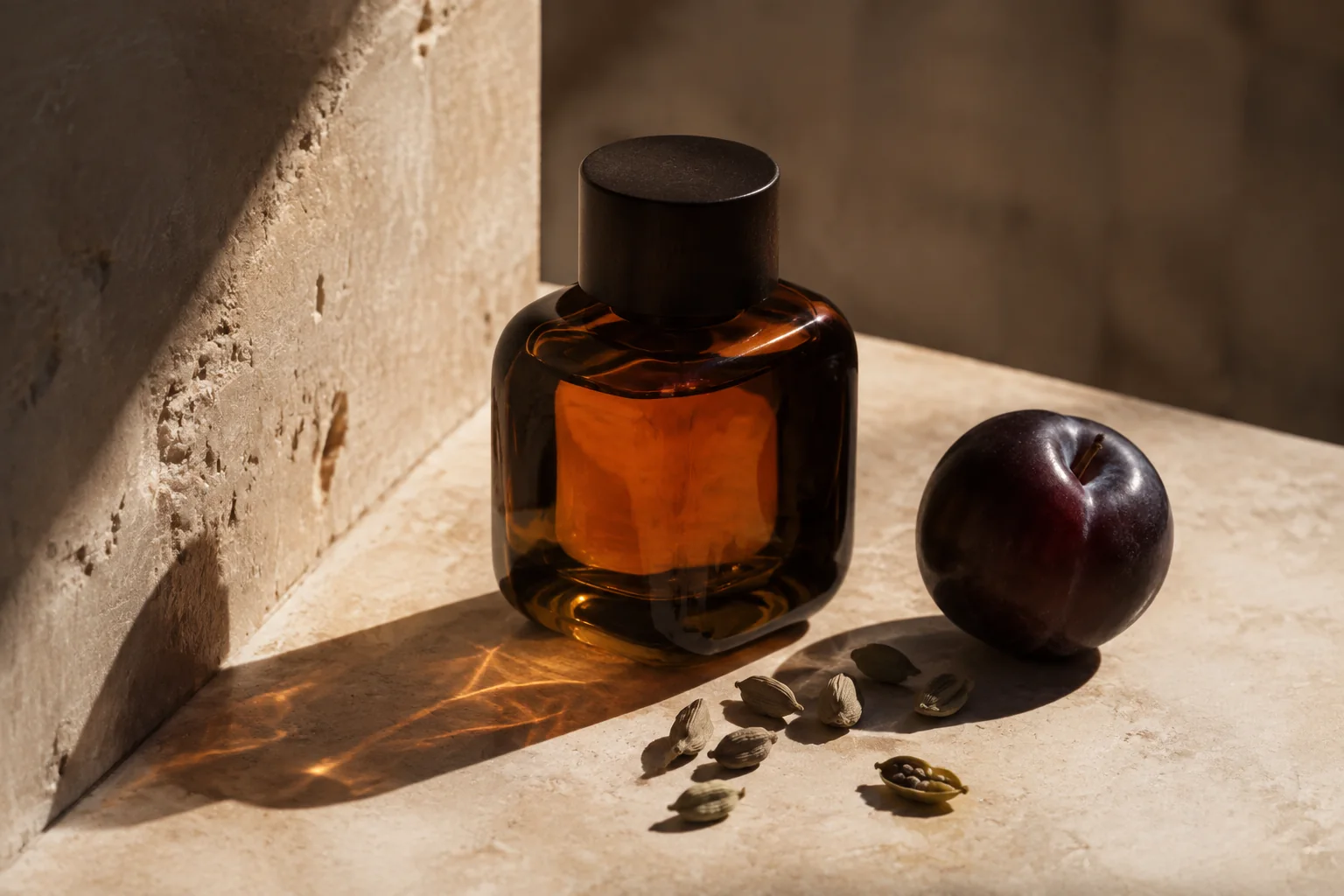AI editorial concept: an unbranded amber perfume bottle beside a plum and cardamom on sunlit stone.