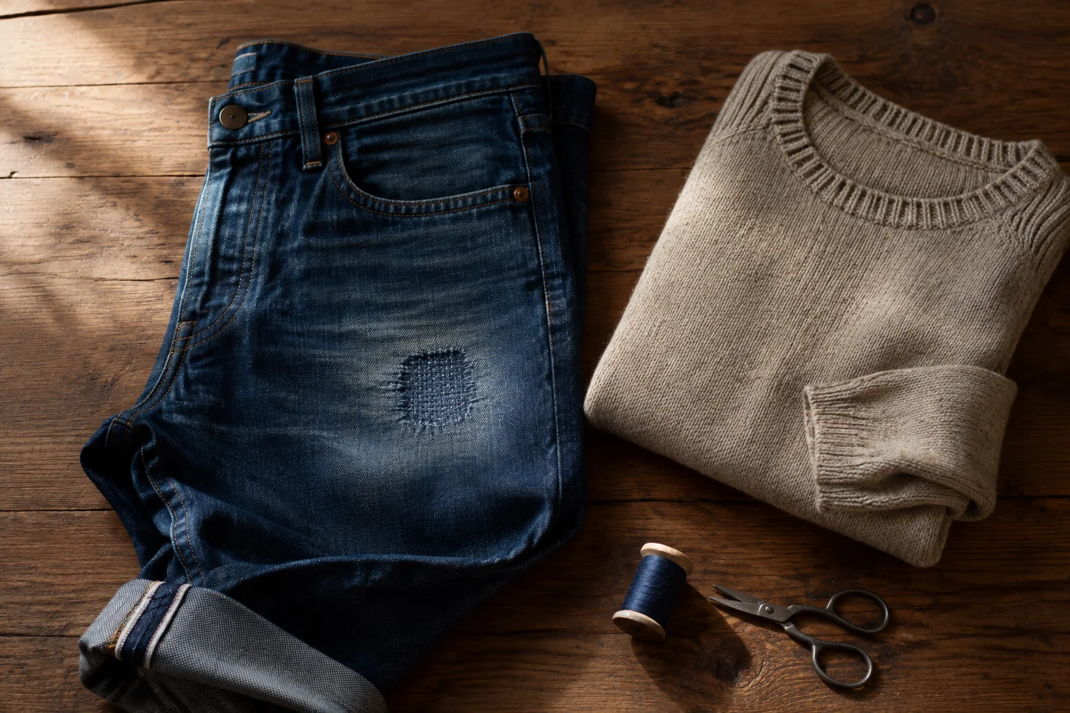 AI editorial concept: repaired indigo jeans, an oatmeal sweater, thread and scissors on a wooden table.