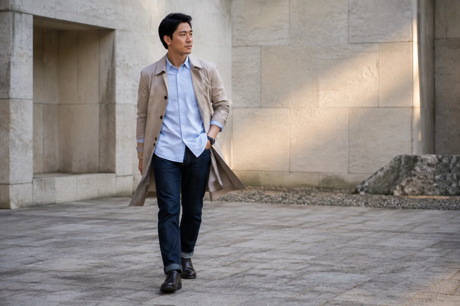AI editorial concept: a man wearing an open taupe trench, pale blue shirt and dark jeans in a stone courtyard.