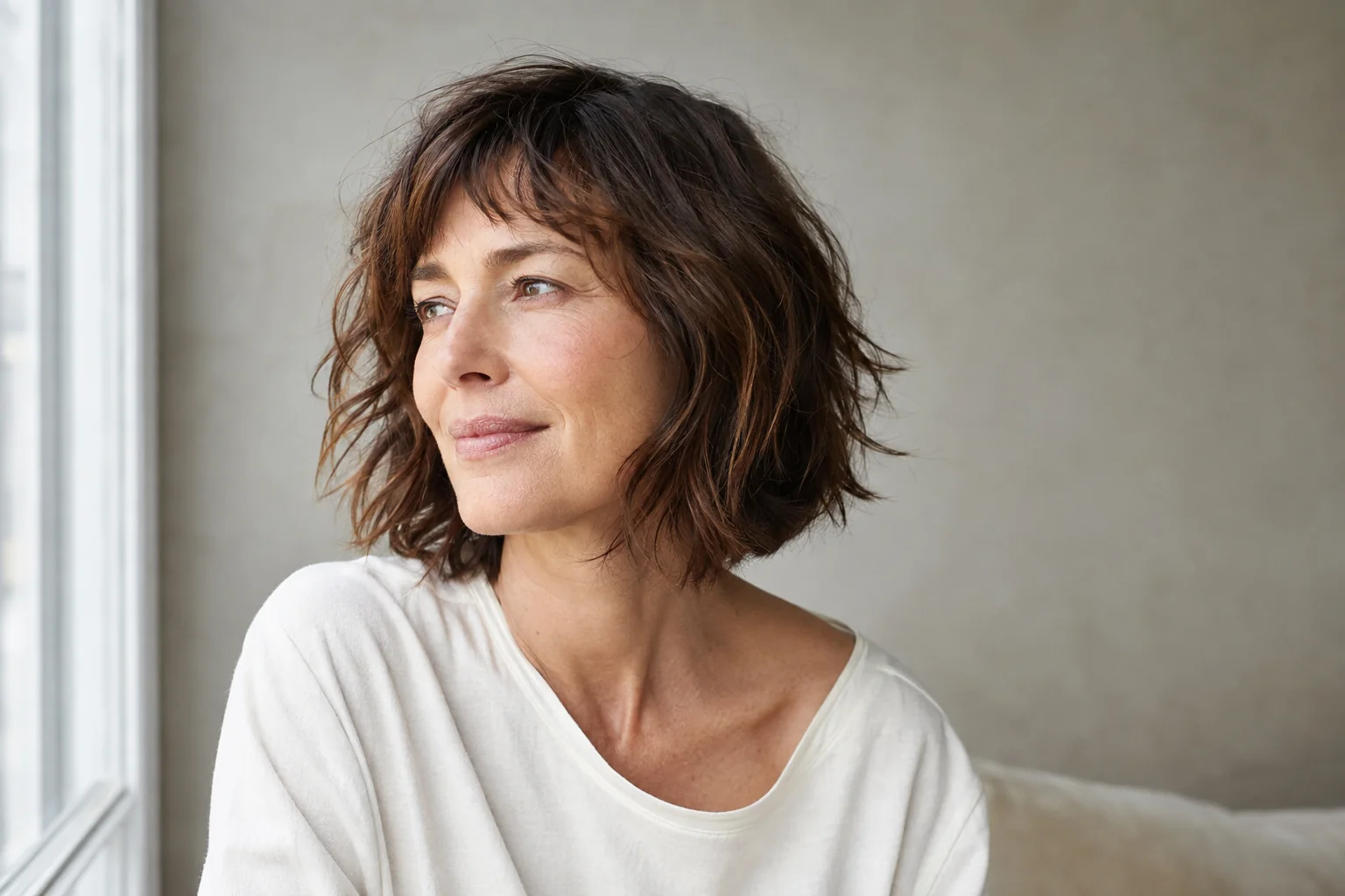 AI editorial concept: a woman with a softly textured brunette bob and light fringe beside a window.