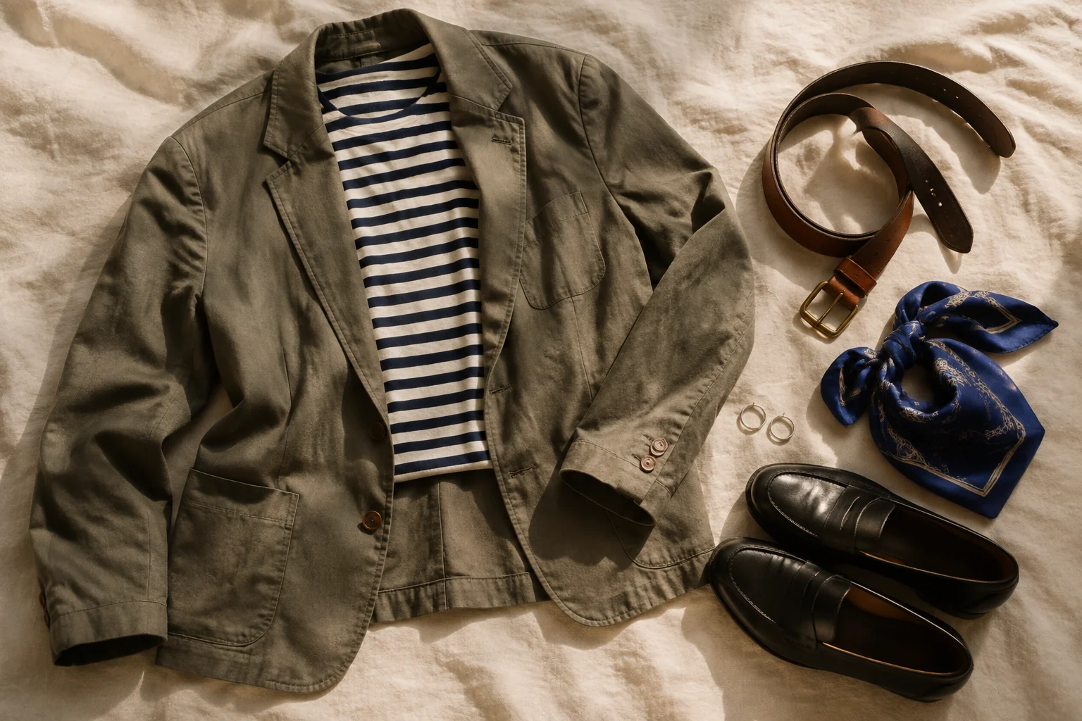 AI editorial concept: a well-loved tailored jacket, striped shirt and everyday accessories arranged on cream linen.