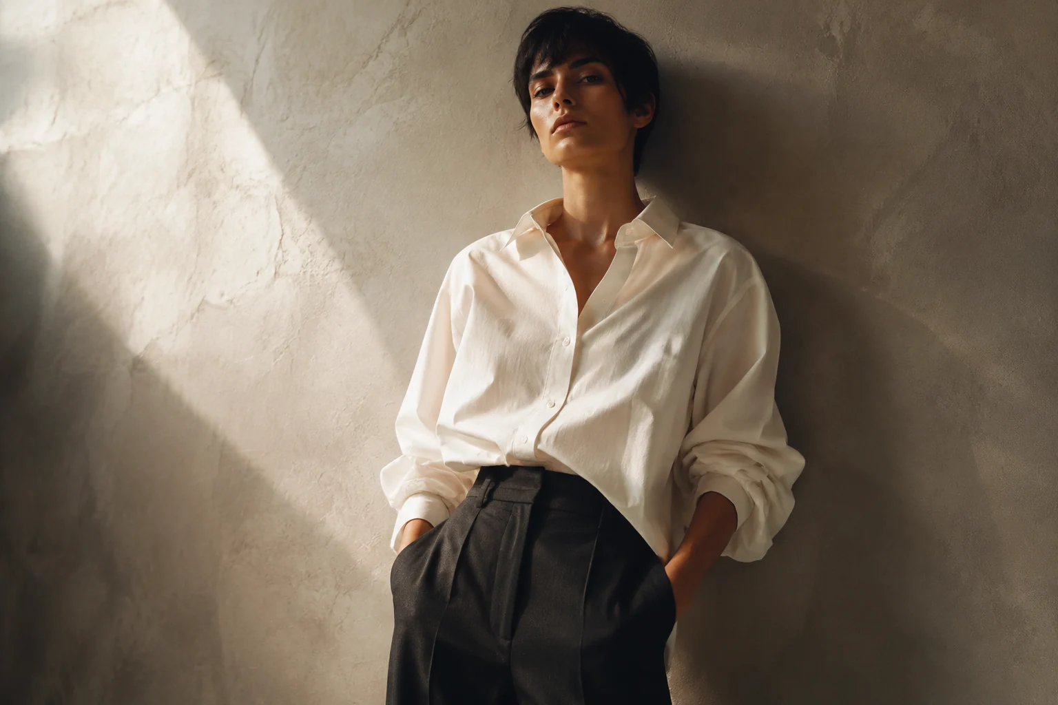 AI editorial concept: an adult model wearing an oversized white shirt with sculptural rolled sleeves and dark tailored trousers.