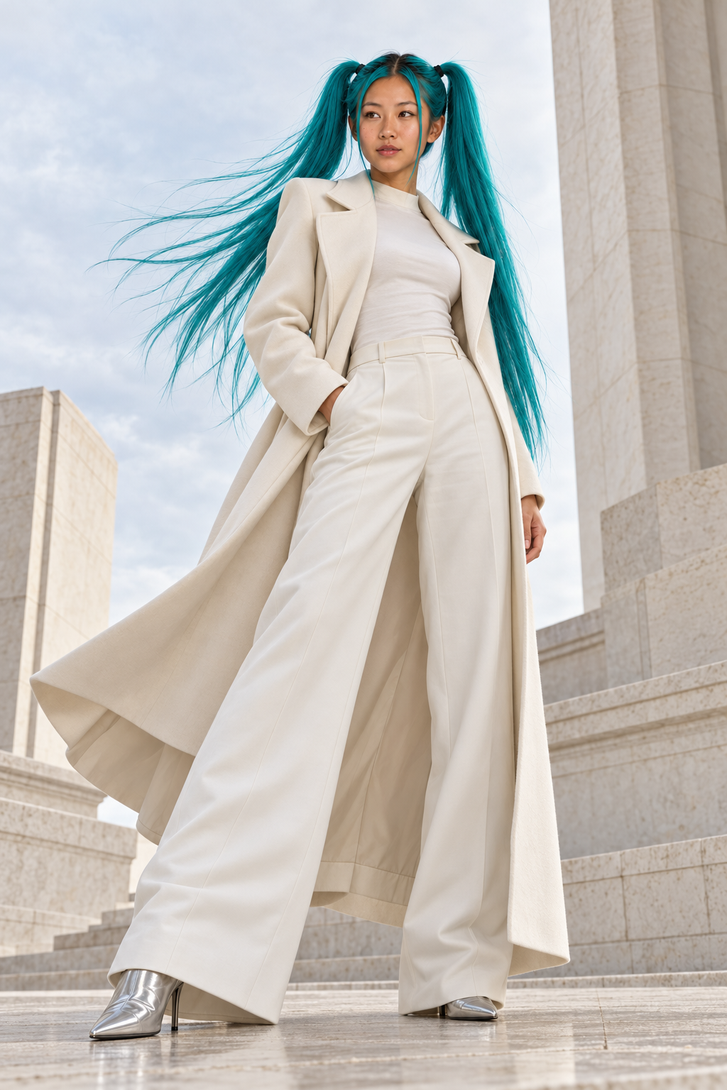 A low-angle view of Jupiter in an ivory long coat, white top and wide-leg trousers with silver-toned pointed boots, standing among pale stone stairs and columns as her turquoise hair sweeps sideways.