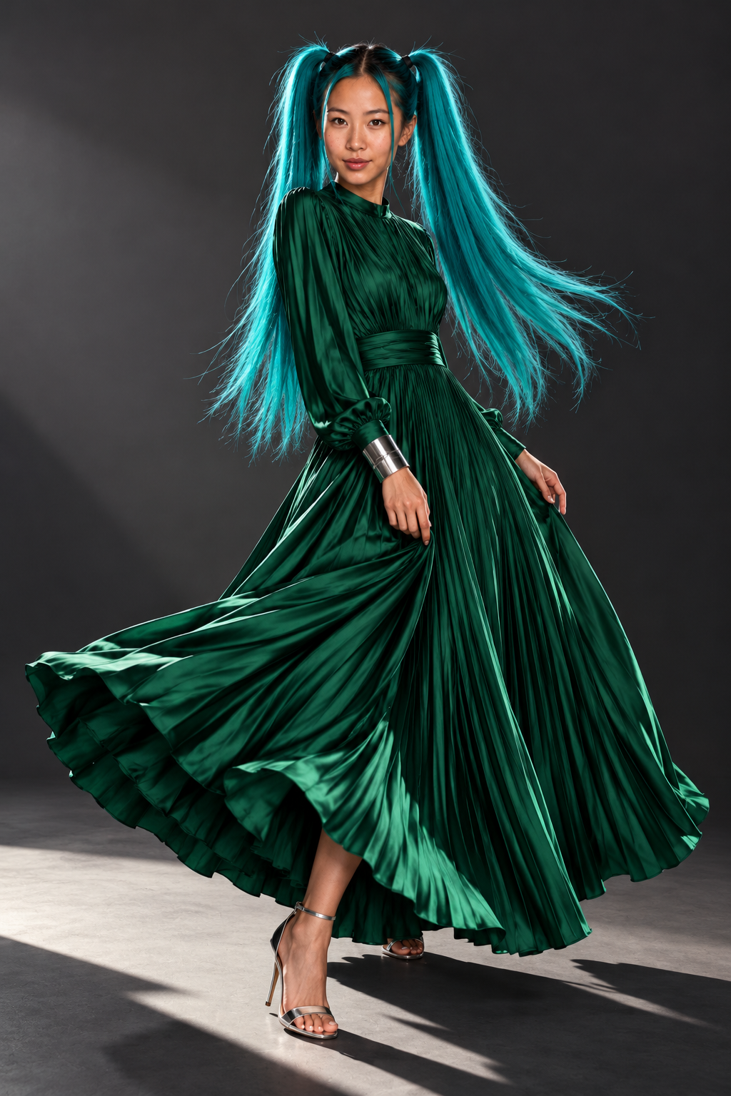 Jupiter turning in a pleated emerald-green dress with long sleeves, a silver-toned cuff and silver sandals; her turquoise ponytails and the skirt sweep outward against a dark gray backdrop.