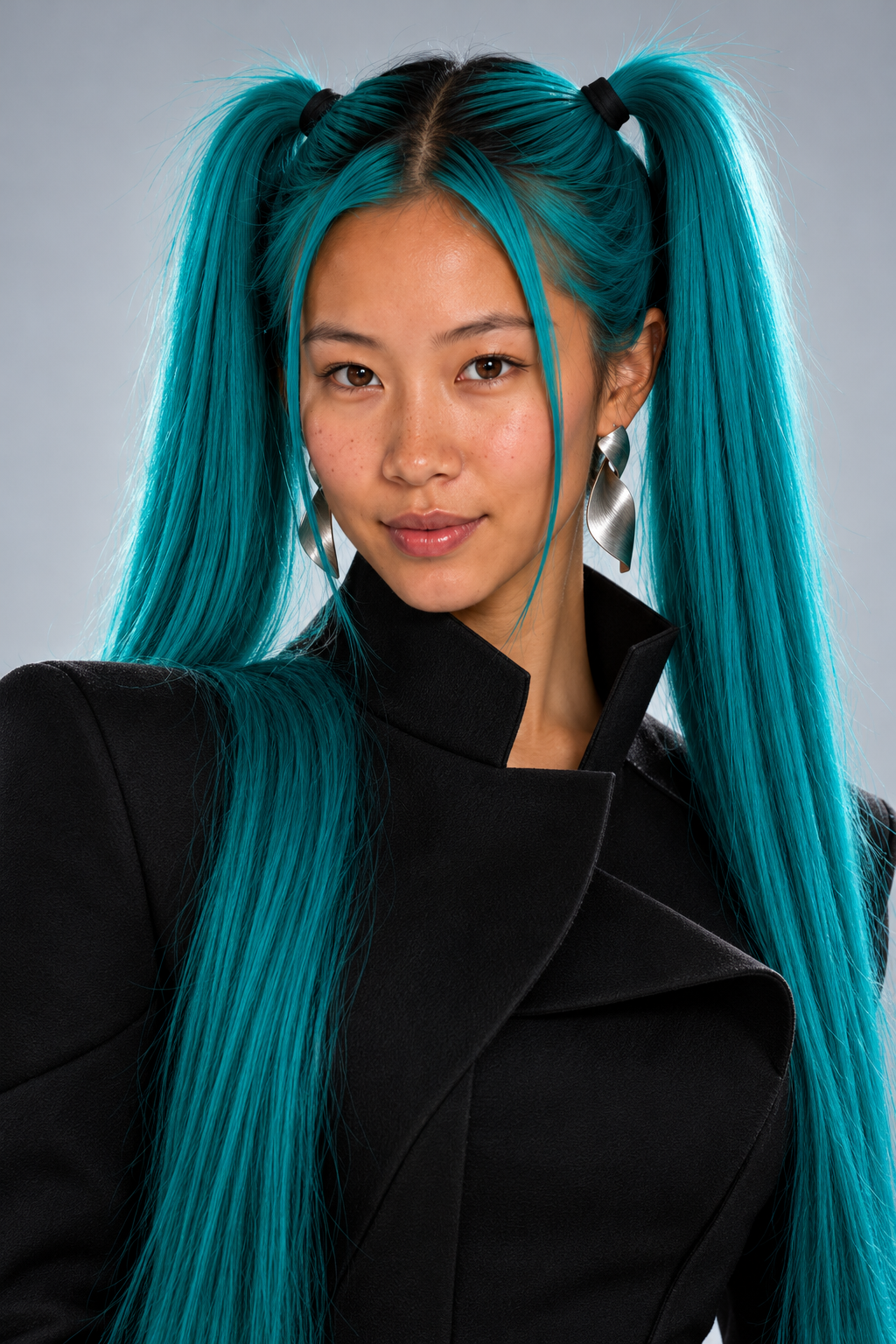 Close portrait of Jupiter with long turquoise twin ponytails, a sculptural silver-toned earring and a high black collar against a cool gray background.